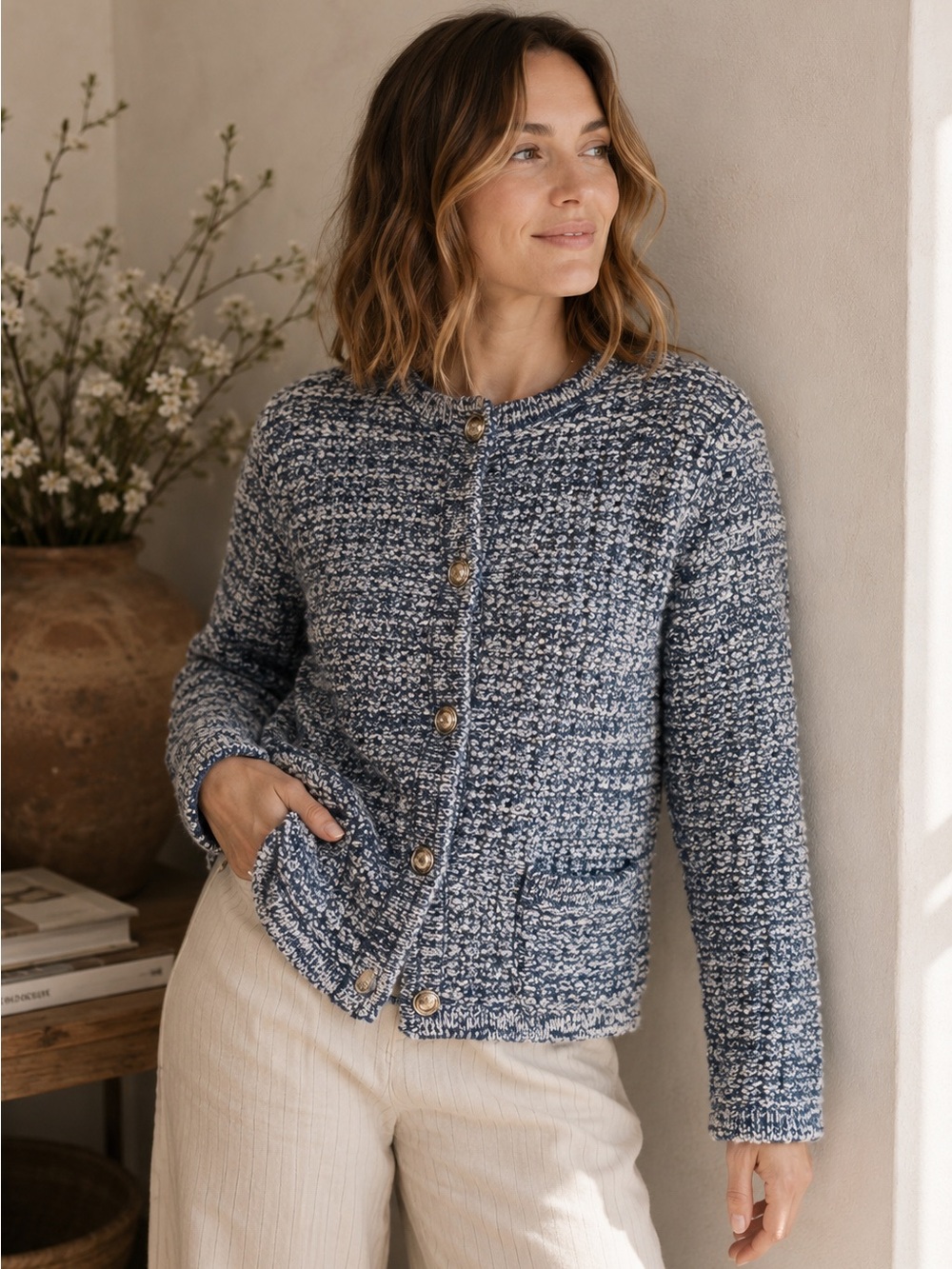 House of Harlow 1960 Marled Knit Cardigan Jacket Gold Buttons Medium